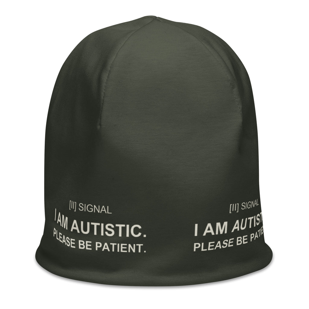 Olive stretch SIGNAL beanie, right-front angle with I AM AUTISTIC. PLEASE BE PATIENT. around the band; digital mockup of earlier artwork.