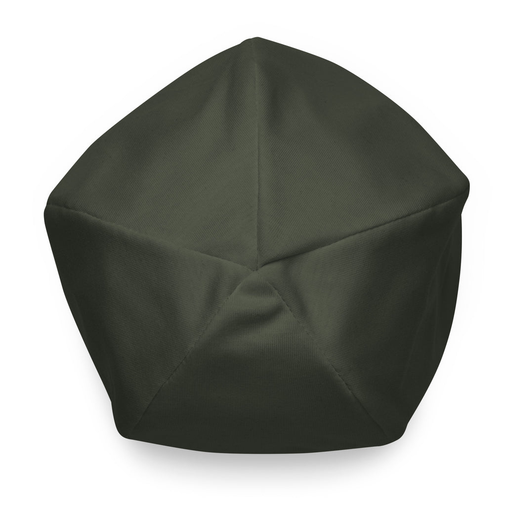 Top view of the olive stretch SIGNAL beanie, showing its panel seams; digital mockup.