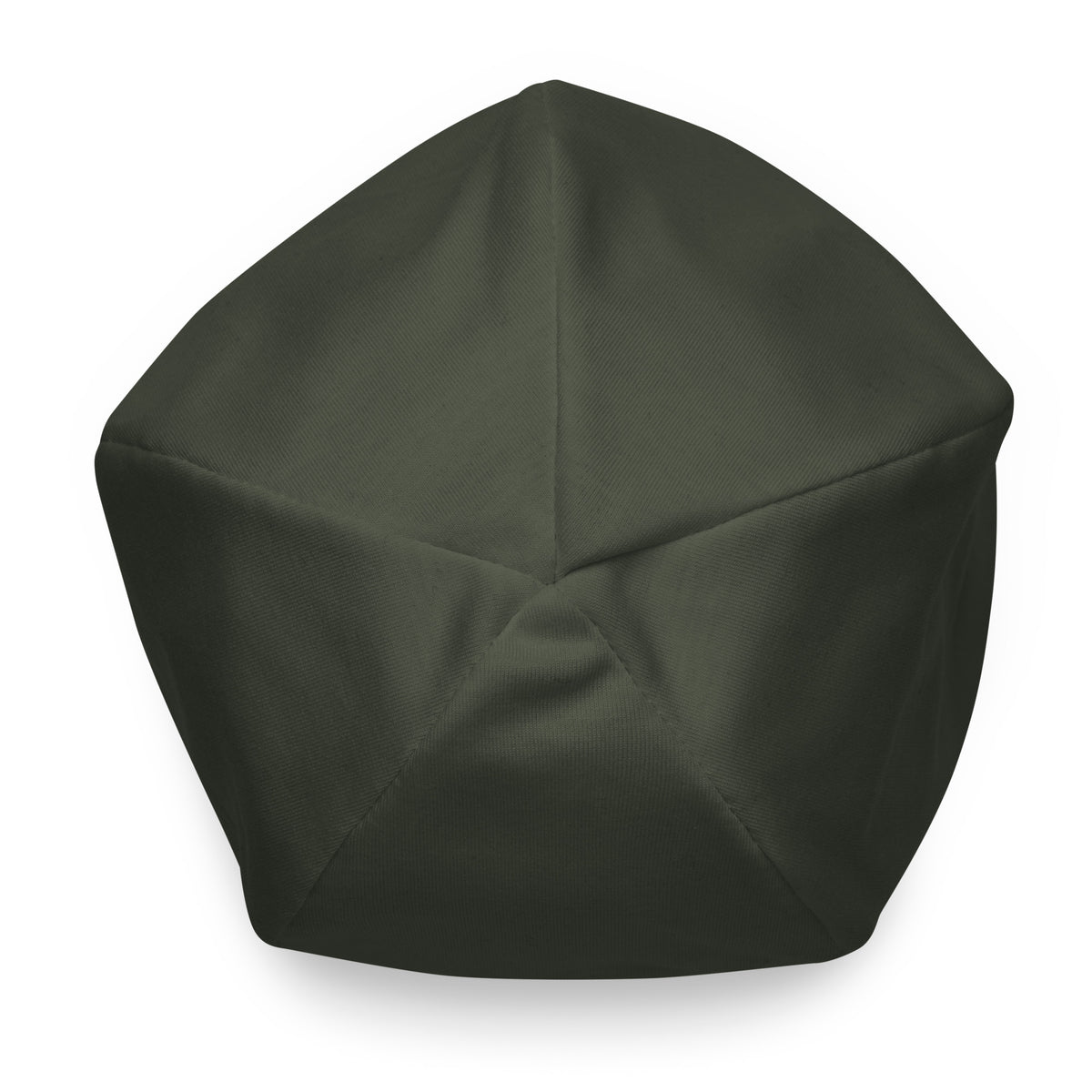 Top view of the olive stretch SIGNAL beanie, showing its panel seams; digital mockup.
