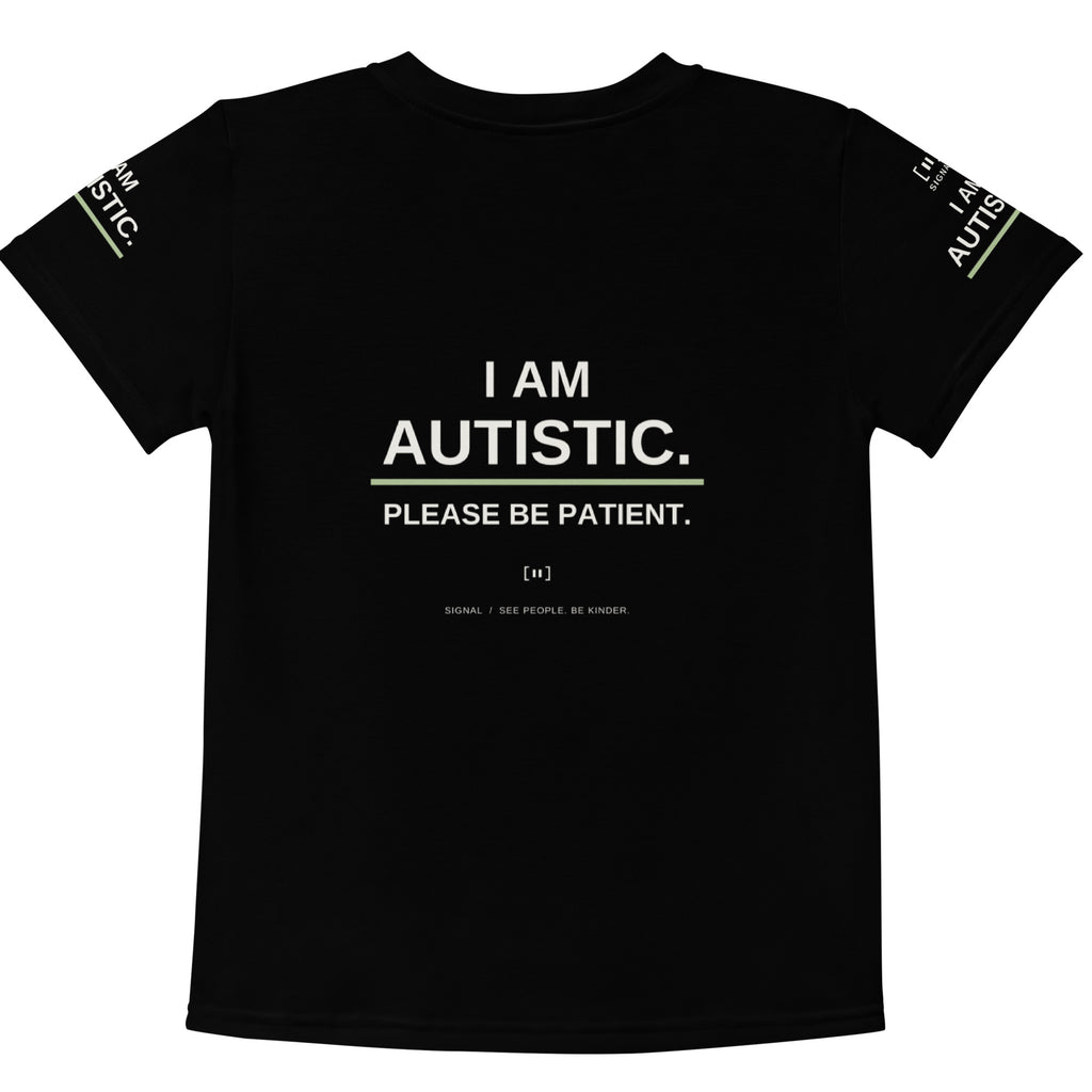 Black younger children’s autism tee, back with I AM AUTISTIC. PLEASE BE PATIENT.; digital mockup of earlier artwork.