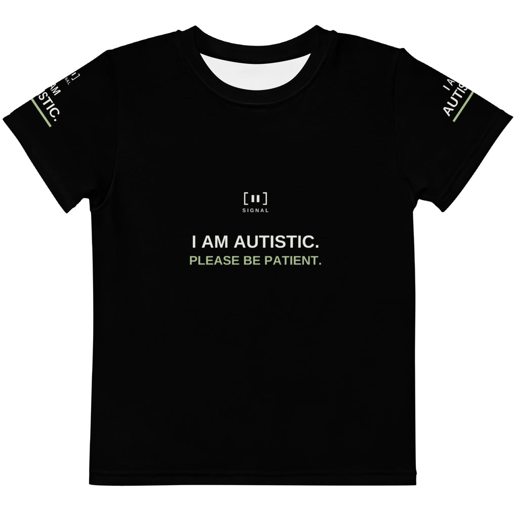 Black younger children’s autism tee, front with I AM AUTISTIC. PLEASE BE PATIENT.; digital mockup of earlier artwork.