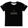 Black younger children’s autism tee, front with I AM AUTISTIC. PLEASE BE PATIENT.; digital mockup of earlier artwork.