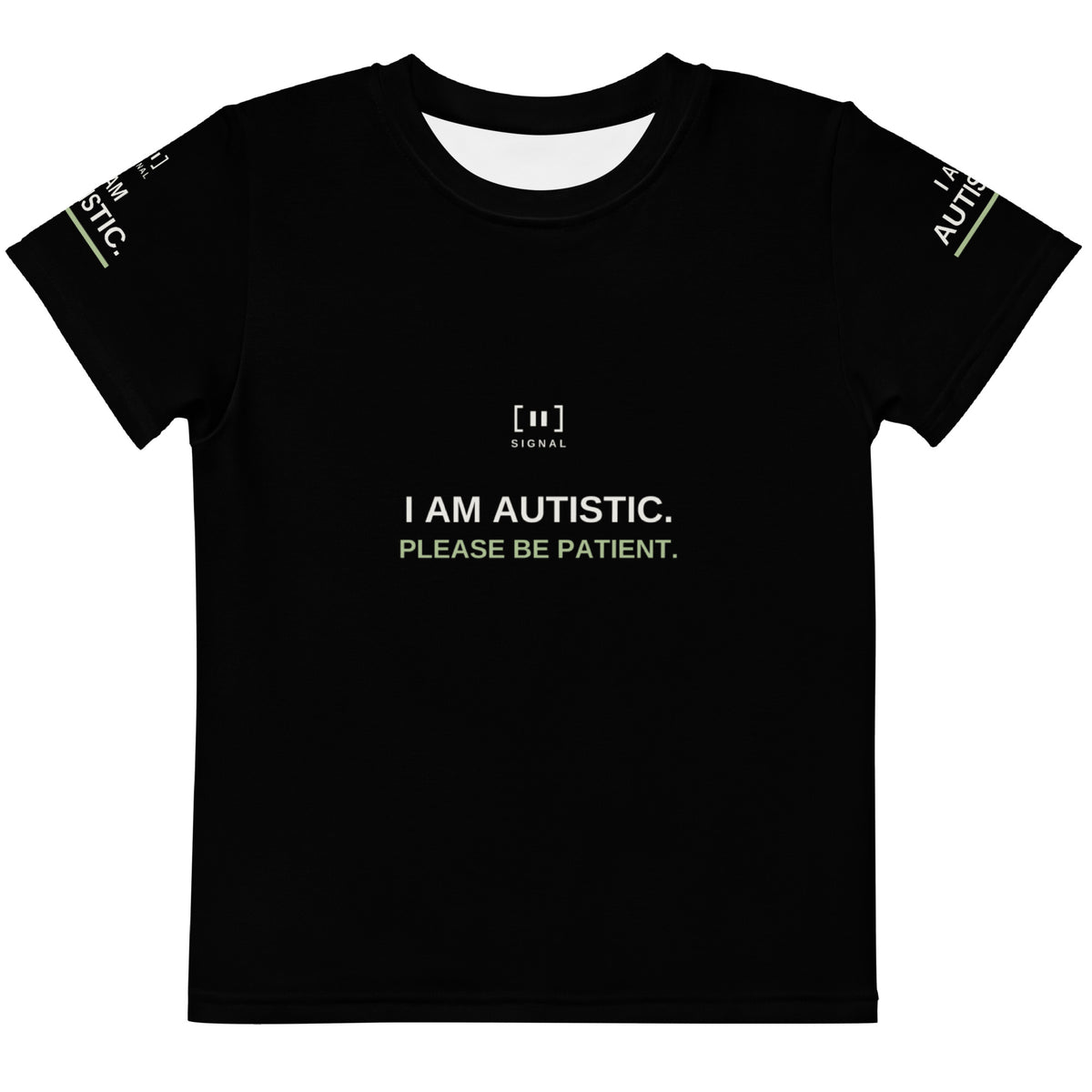 Black younger children’s autism tee, front with I AM AUTISTIC. PLEASE BE PATIENT.; digital mockup of earlier artwork.