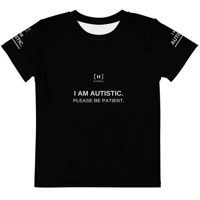 Black younger children’s autism tee, front with I AM AUTISTIC. PLEASE BE PATIENT.; digital mockup of earlier artwork.
