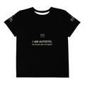 Black youth autism message tee, front with I AM AUTISTIC. PLEASE BE PATIENT.; digital mockup of earlier artwork.