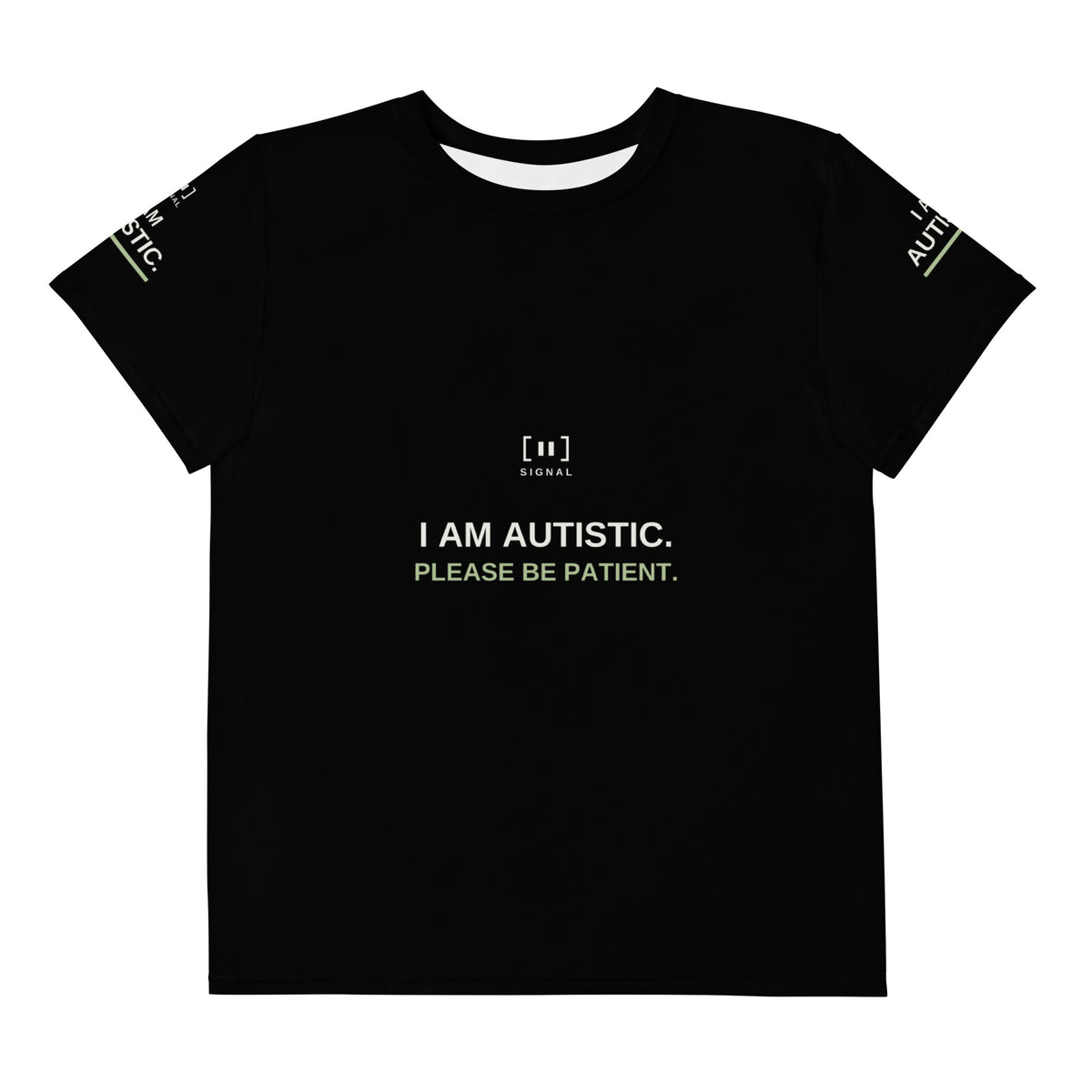 Black youth autism message tee, front with I AM AUTISTIC. PLEASE BE PATIENT.; digital mockup of earlier artwork.