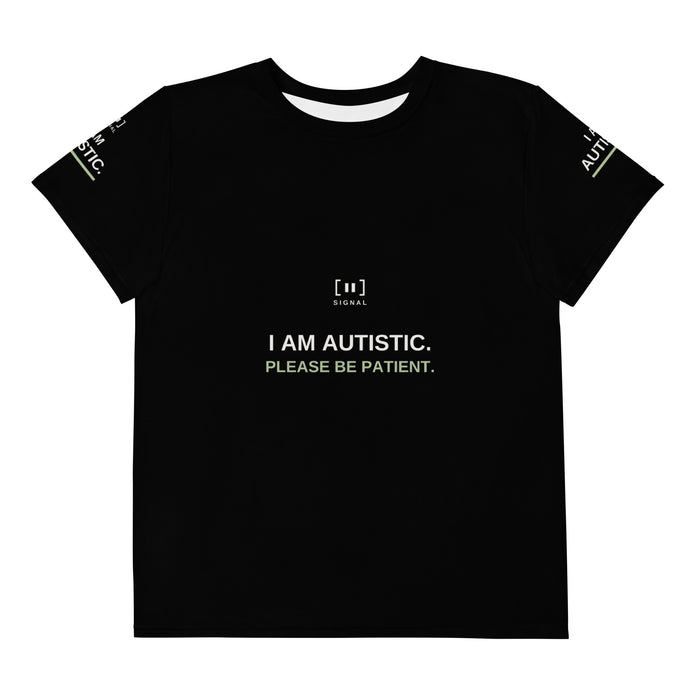 Black youth autism message tee, front with I AM AUTISTIC. PLEASE BE PATIENT.; digital mockup of earlier artwork.
