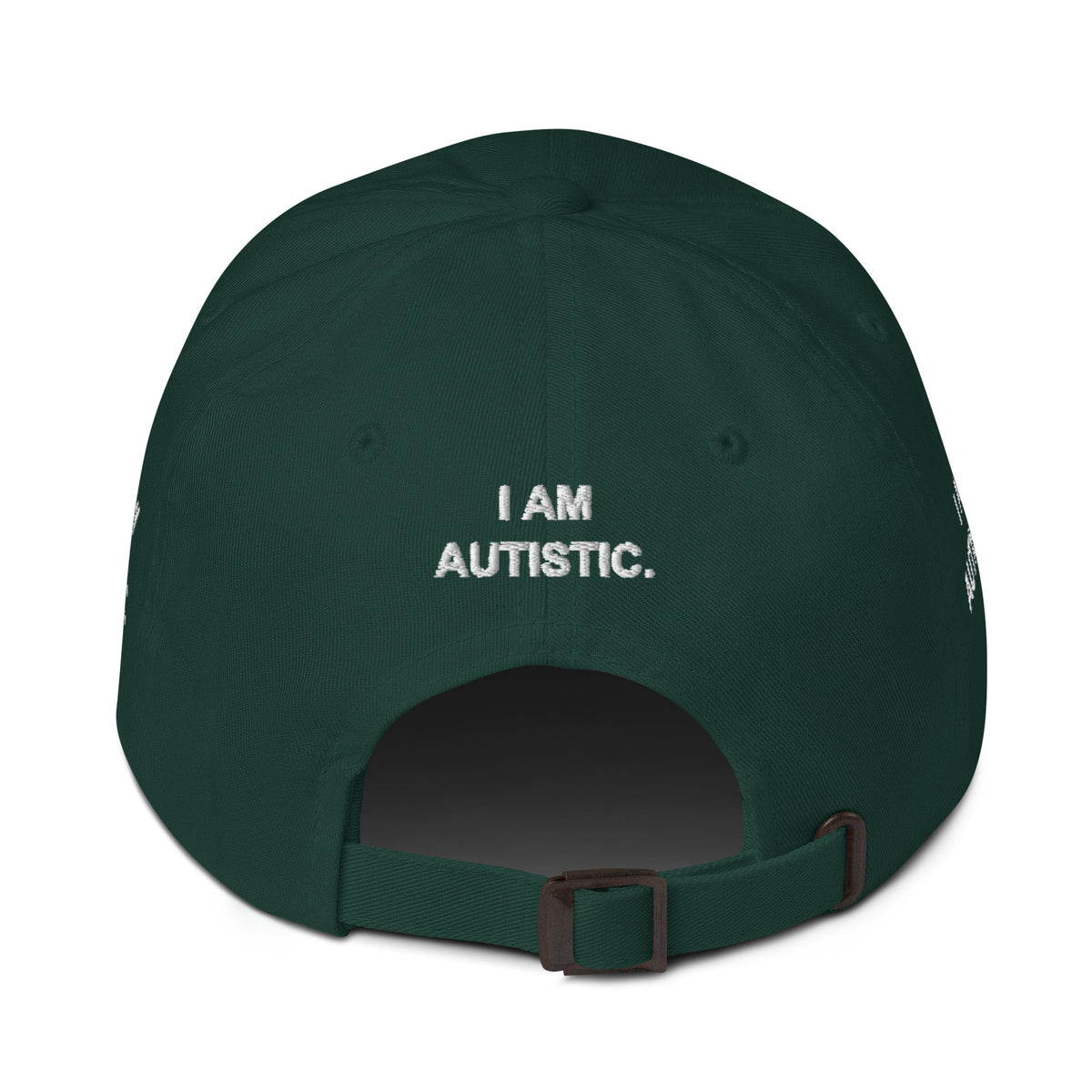Spruce green SIGNAL cap, back with embroidered I AM AUTISTIC; digital mockup of earlier artwork.