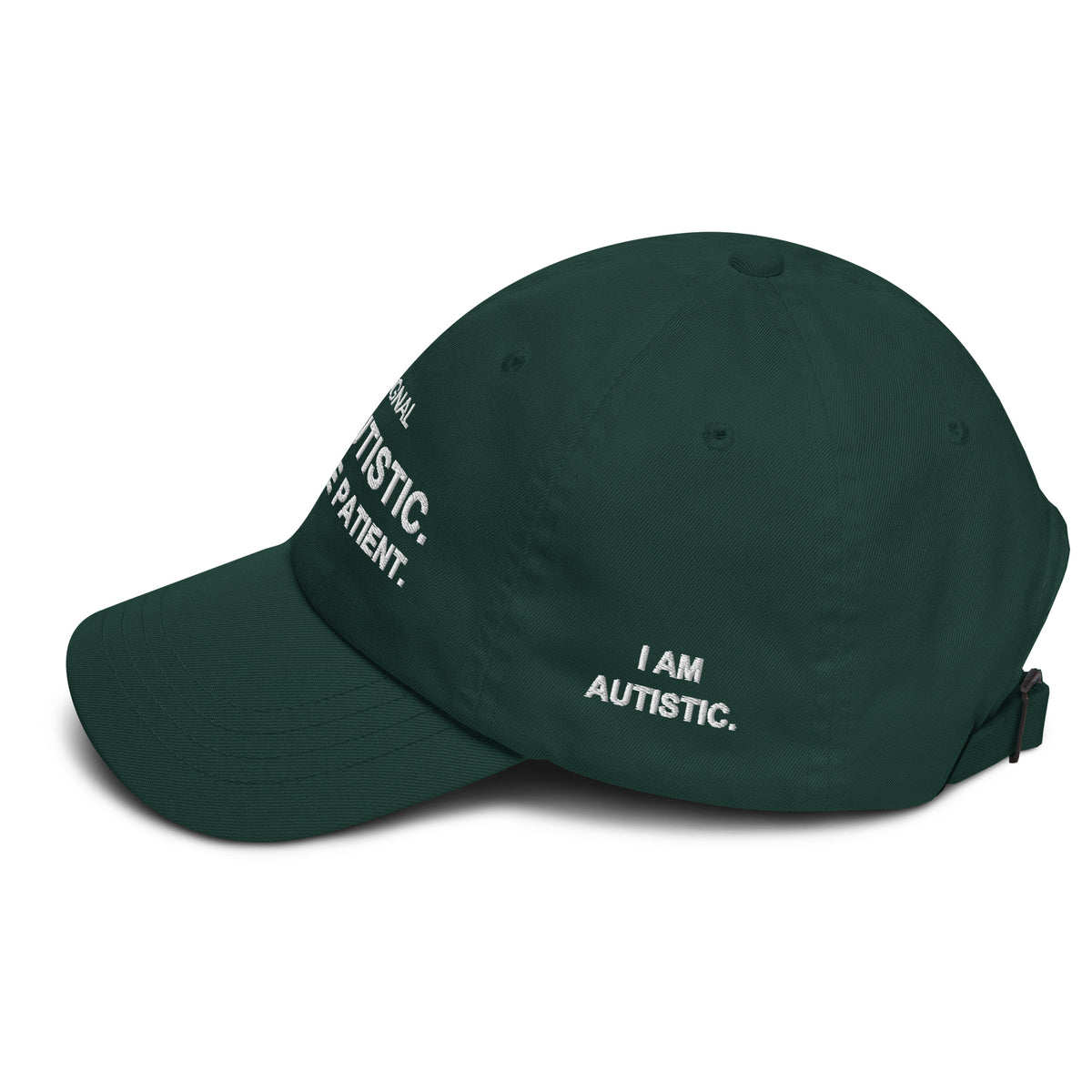 Spruce green SIGNAL cap, left side with embroidered I AM AUTISTIC; digital mockup of earlier artwork.