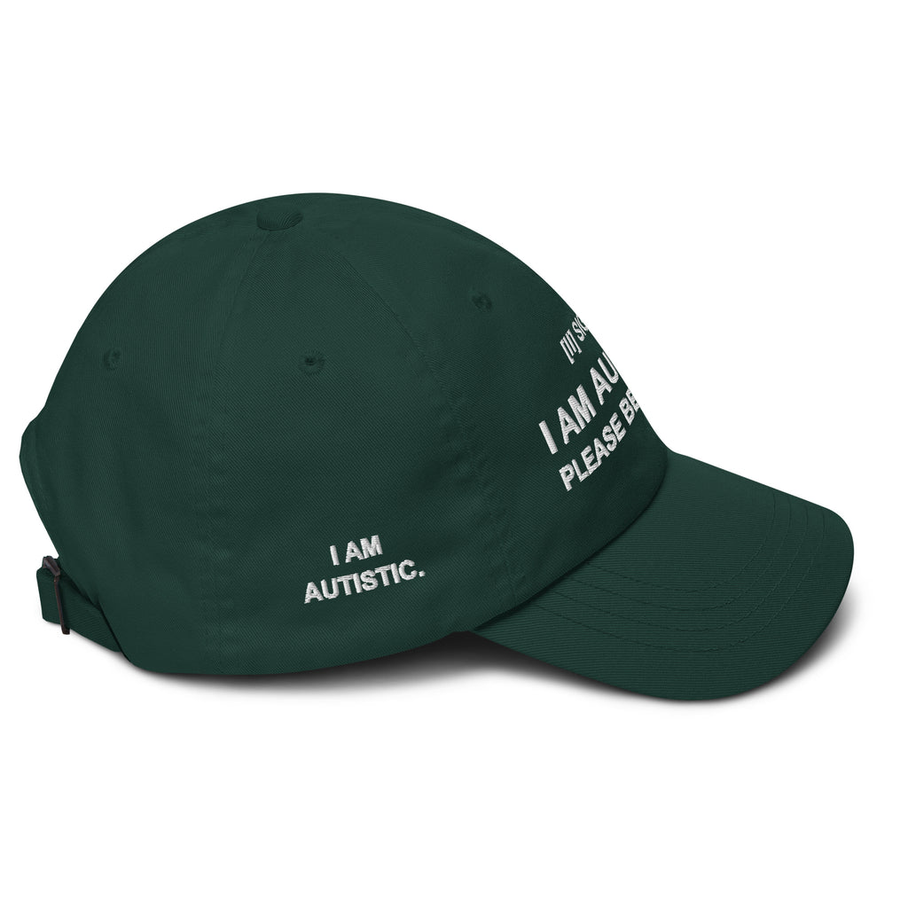 Spruce green SIGNAL cap, right side with embroidered I AM AUTISTIC; digital mockup of earlier artwork.