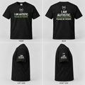 AI-generated design preview of the black SIGNAL autism tee: front, back and both sleeves with cream and green wording. Supplier artwork verification pending.