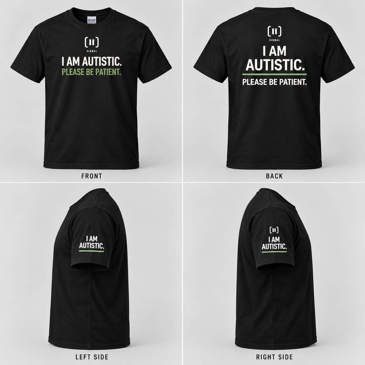 AI-generated design preview of the black SIGNAL autism tee: front, back and both sleeves with cream and green wording. Supplier artwork verification pending.