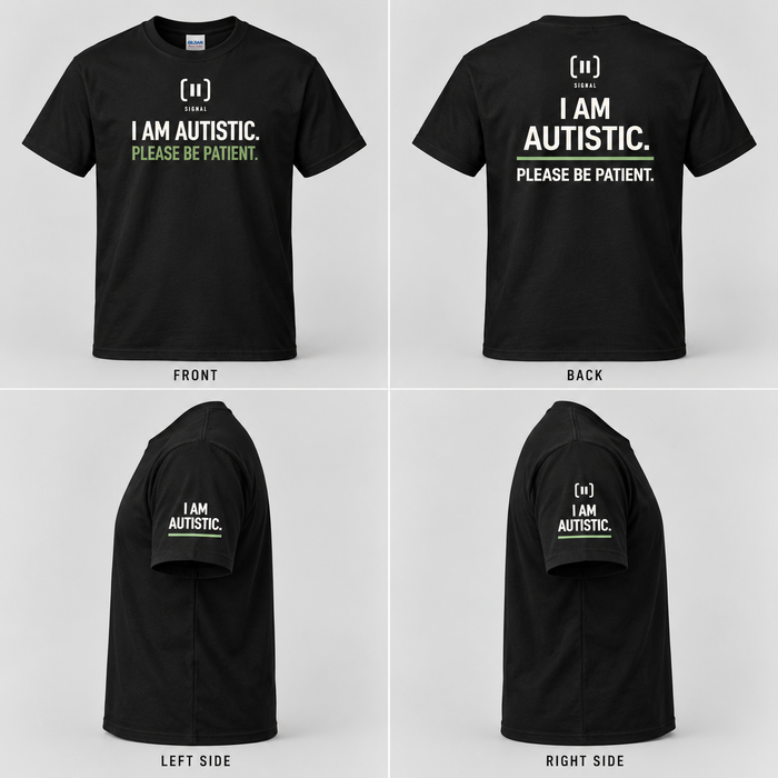 AI-generated design preview of the black SIGNAL autism tee: front, back and both sleeves with cream and green wording. Supplier artwork verification pending.