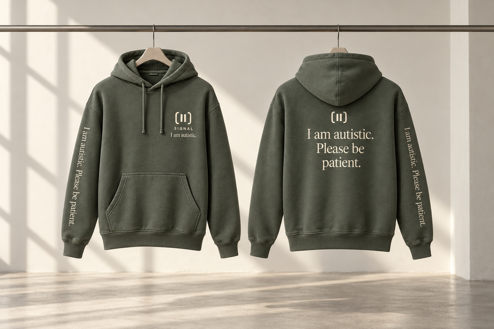 AI campaign concept showing the approved sage SIGNAL hoodie direction, front and back; not a physical product photograph.