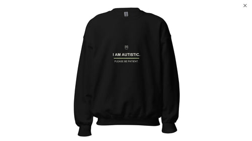 Black SIGNAL green-bar crewneck, front with I AM AUTISTIC. PLEASE BE PATIENT.; digital garment preview of earlier artwork.