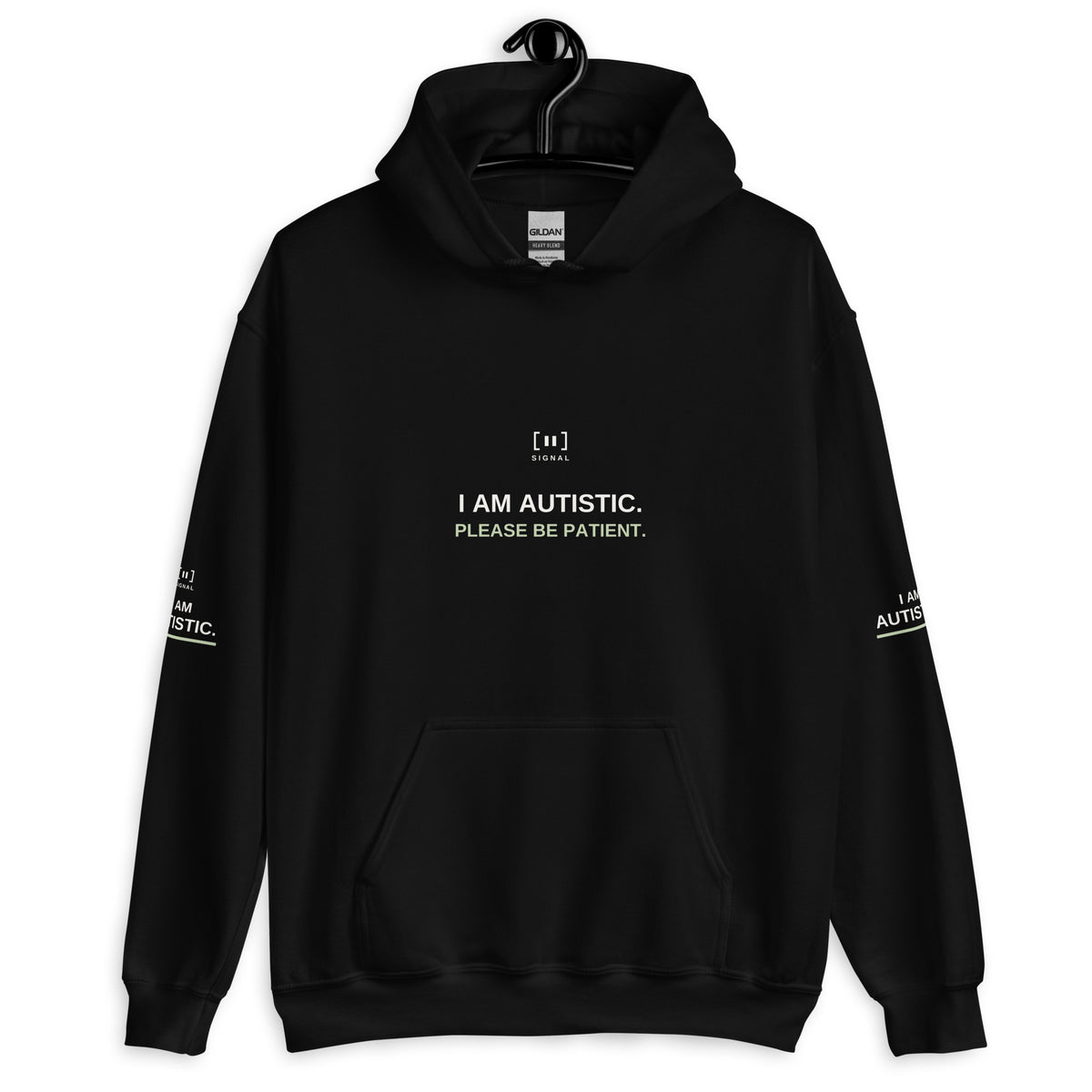 Black adult autism message hoodie, front with I AM AUTISTIC. PLEASE BE PATIENT.; digital mockup of earlier artwork.
