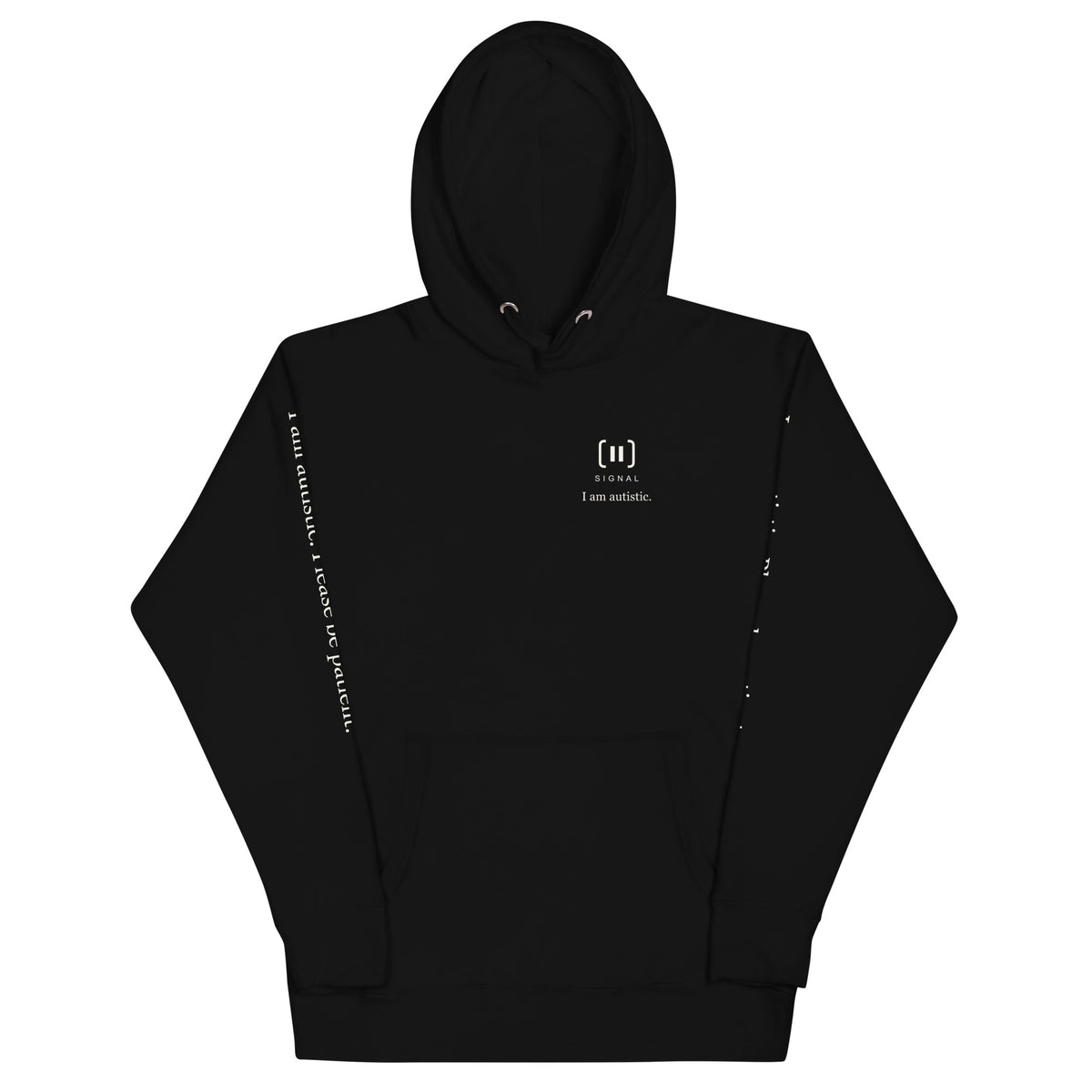 Supplier front mockup of the black SIGNAL Autism Hoodie, with a small cream chest mark, SIGNAL lettering and “I am autistic.”
