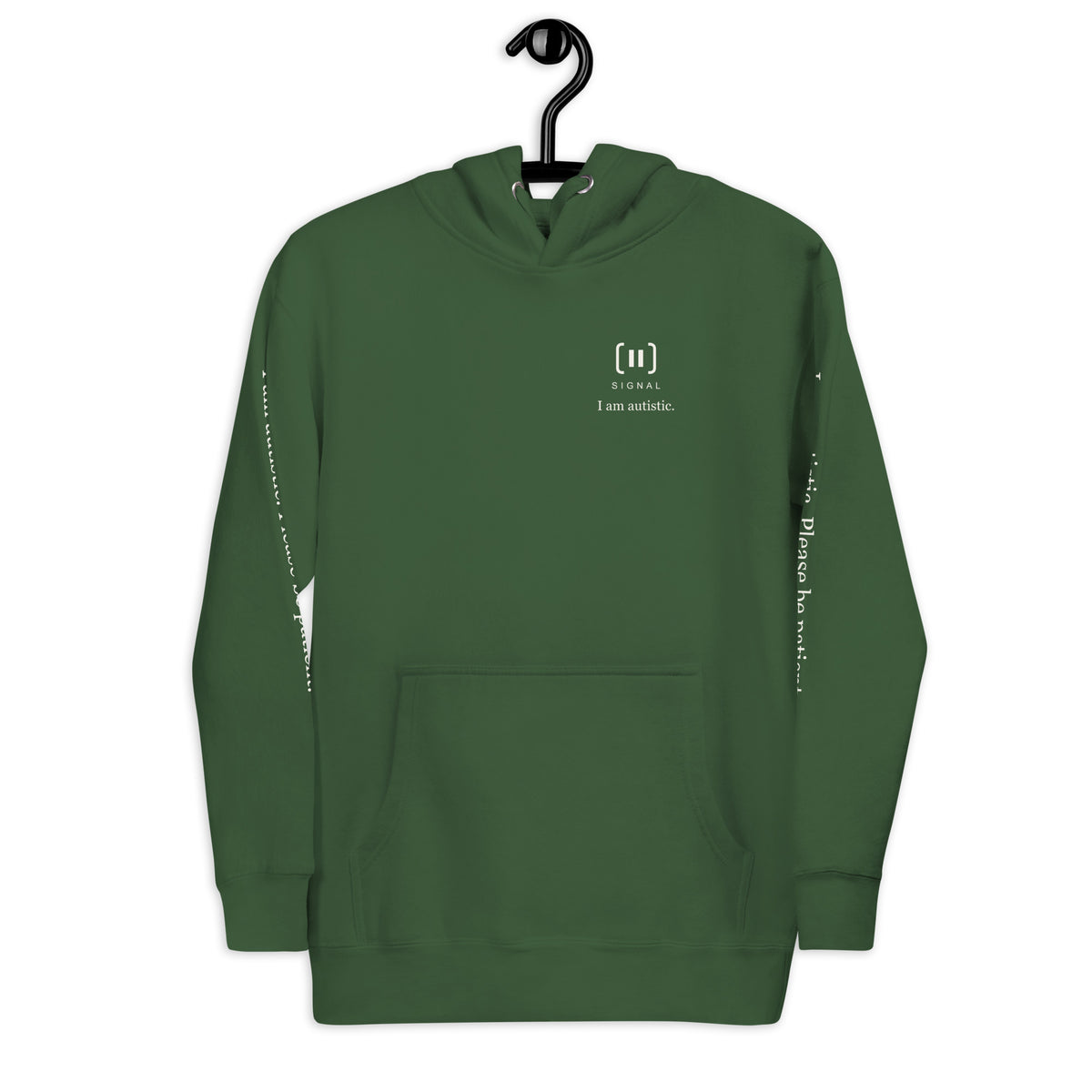 Supplier front mockup of the Forest Green SIGNAL Autism Hoodie on a hanger, with a small cream chest mark, SIGNAL lettering and “I am autistic.”