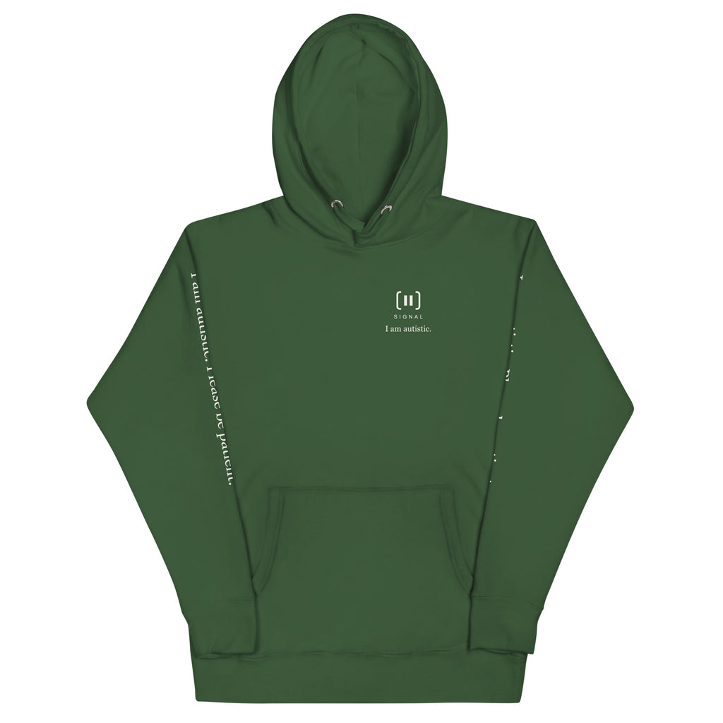 Supplier front mockup of the Forest Green SIGNAL Autism Hoodie, with a small cream chest mark, SIGNAL lettering and “I am autistic.”