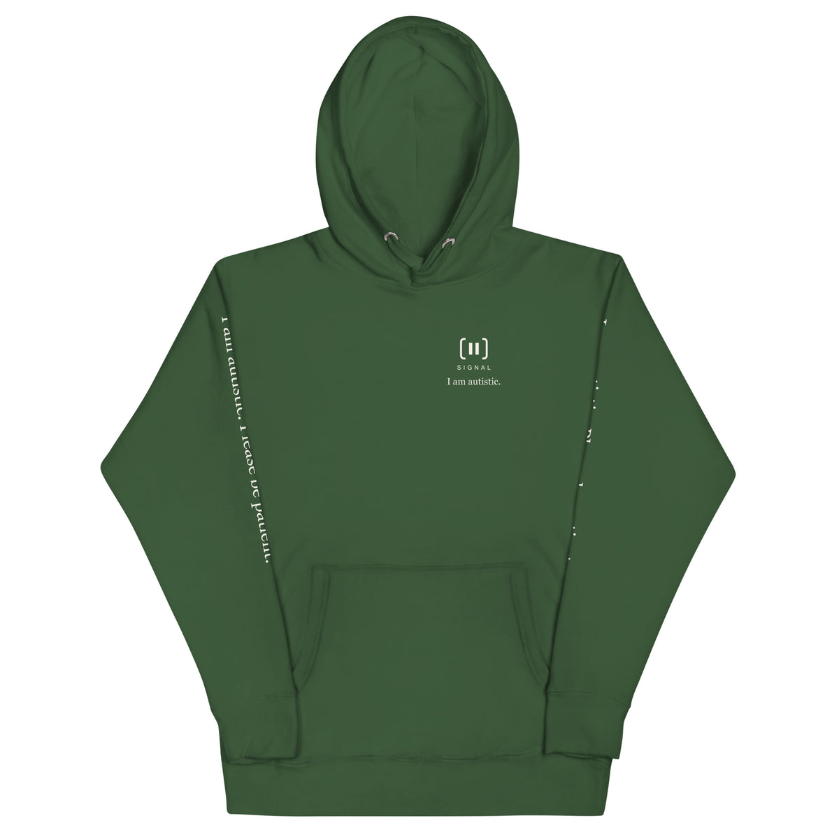 Supplier front mockup of the Forest Green SIGNAL Autism Hoodie, with a small cream chest mark, SIGNAL lettering and “I am autistic.”