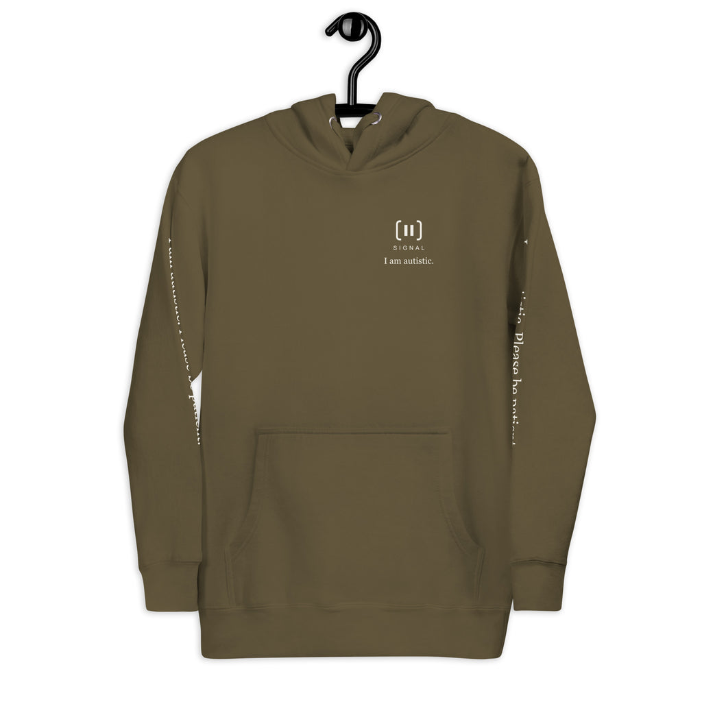 Supplier front mockup of the Military Green SIGNAL Autism Hoodie on a hanger, with a small cream chest mark, SIGNAL lettering and “I am autistic.”