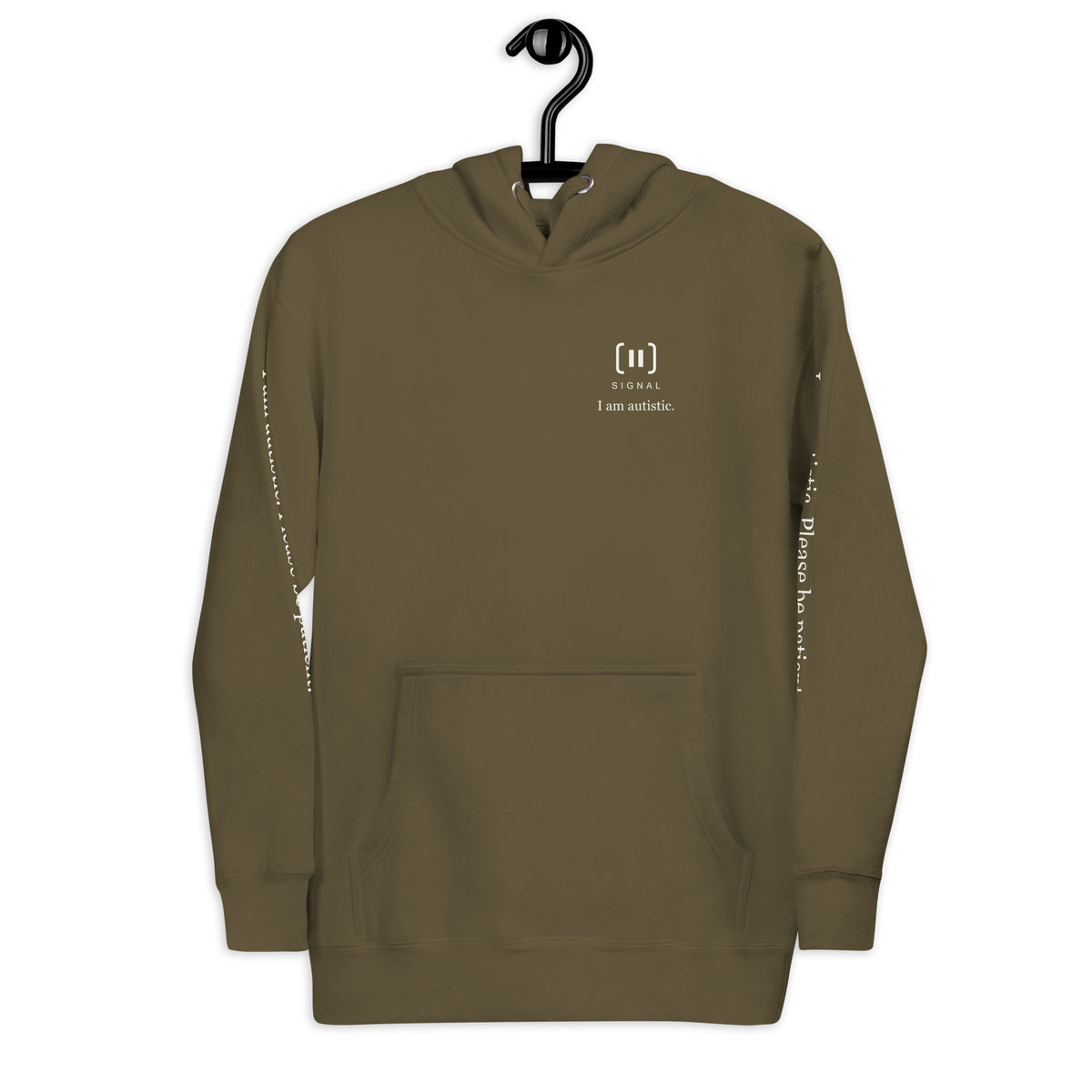 Supplier front mockup of the Military Green SIGNAL Autism Hoodie on a hanger, with a small cream chest mark, SIGNAL lettering and “I am autistic.”