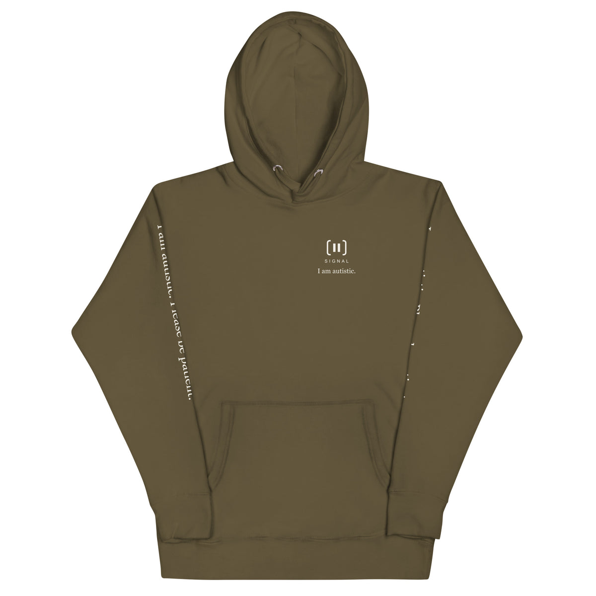Supplier front mockup of the Military Green SIGNAL Autism Hoodie, with a small cream chest mark, SIGNAL lettering and “I am autistic.”